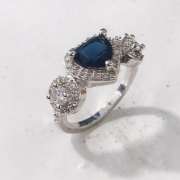 Sapphire-Blue Heart CZ Three-Stone Ring