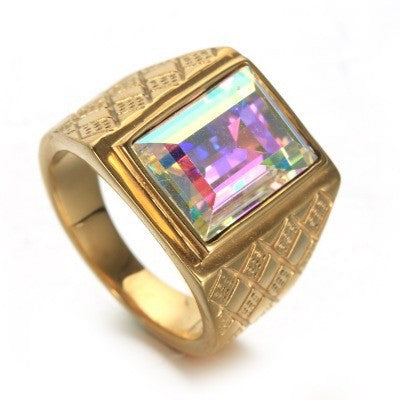 Rainbow Mystic Rectangle CZ Gold-Tone Signet Ring
