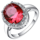 Ruby-Red Oval CZ Halo Triple-Drop Jewelry Set