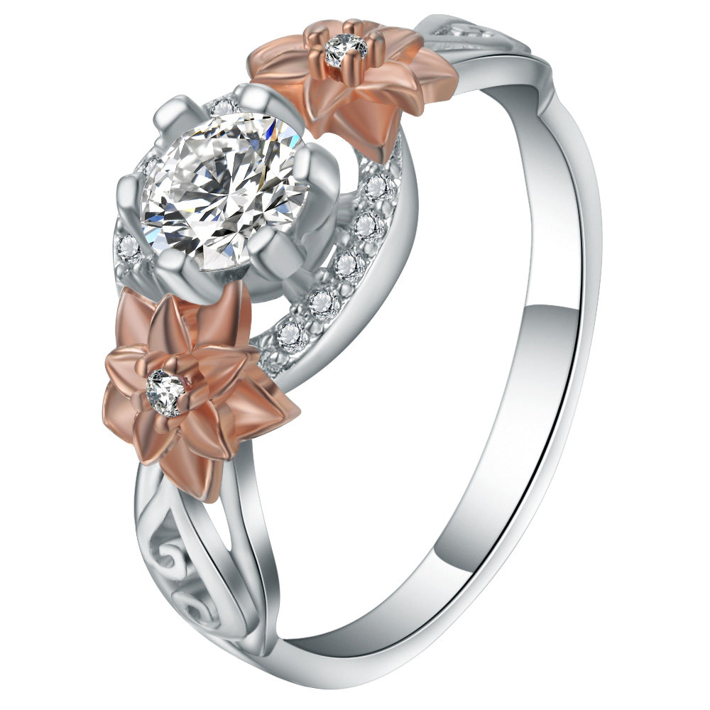 Round CZ Two-Tone Flower Side Ring