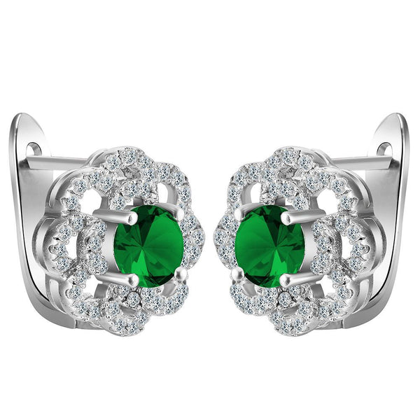 Green Round CZ Quatrefoil Lace Leverback Earrings