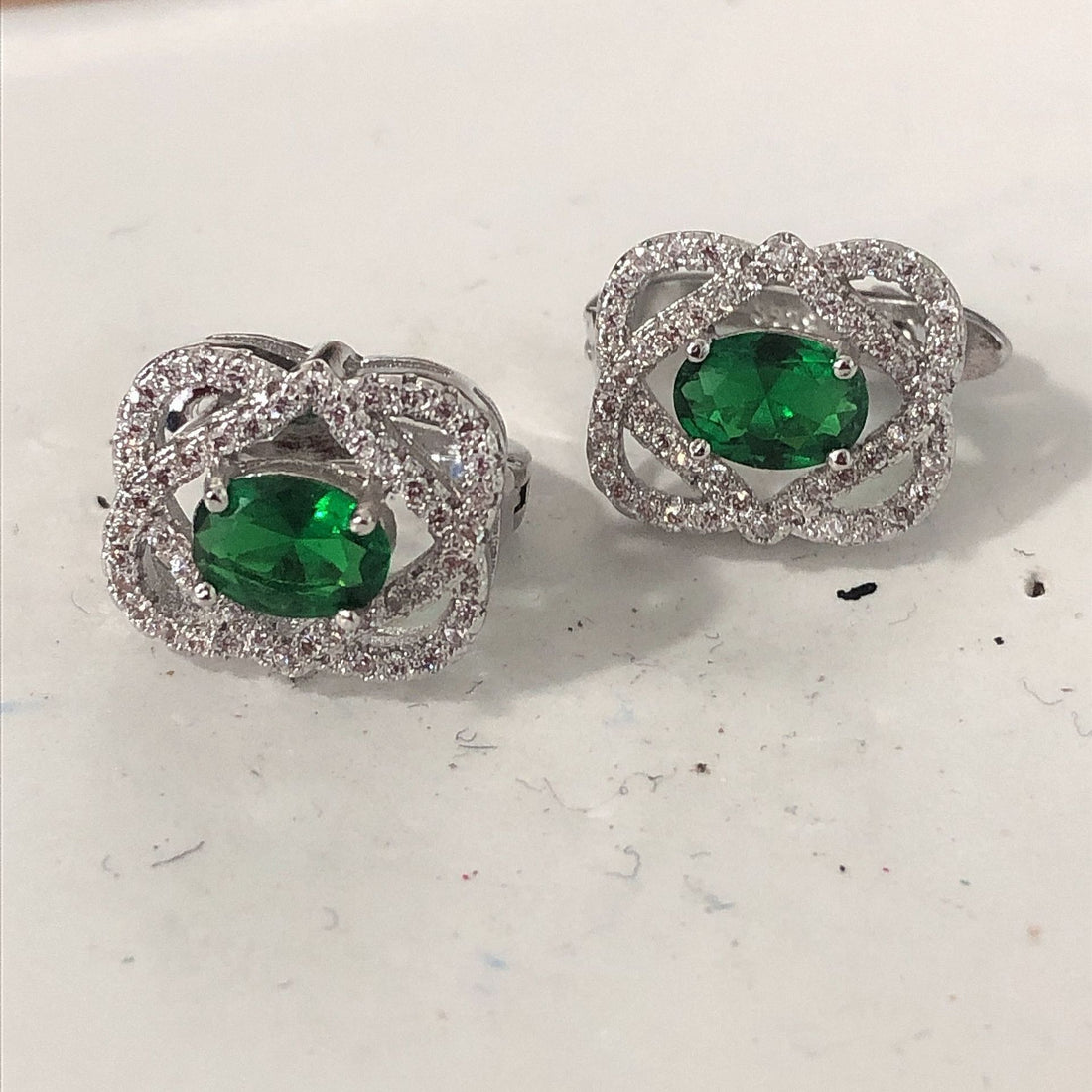 Green Oval CZ Woven Halo Leverback Earrings