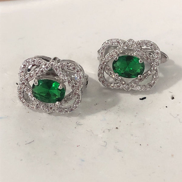 Green Oval CZ Woven Halo Leverback Earrings