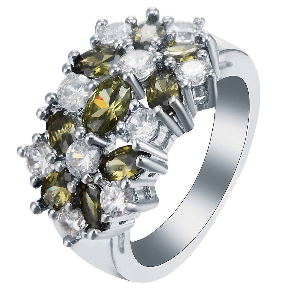 Olive Marquise and Clear CZ Cluster Wide Ring