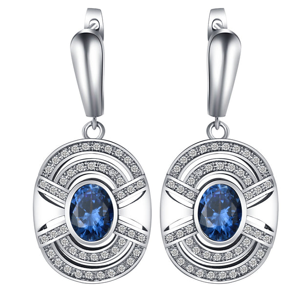 Sapphire-Blue Oval CZ Pavé Drop Earrings