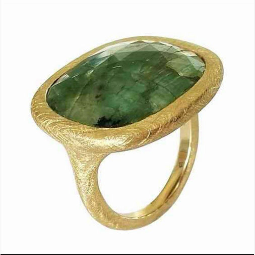 Green Oval Stone Brushed Gold Ring