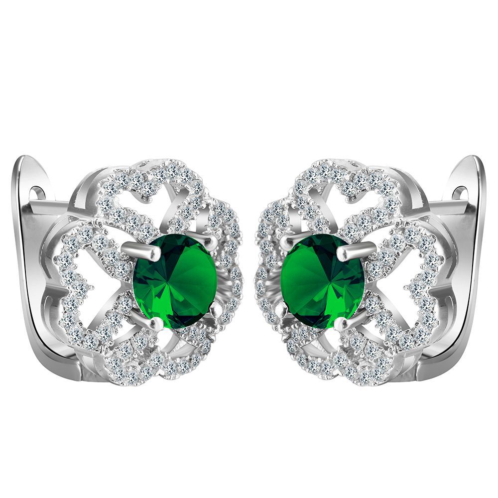Green CZ Heart-Petal Clover Leverback Earrings