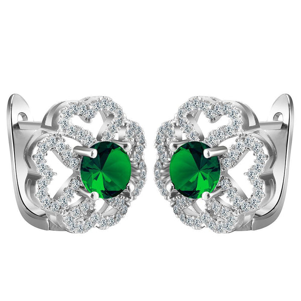 Green CZ Heart-Petal Clover Leverback Earrings