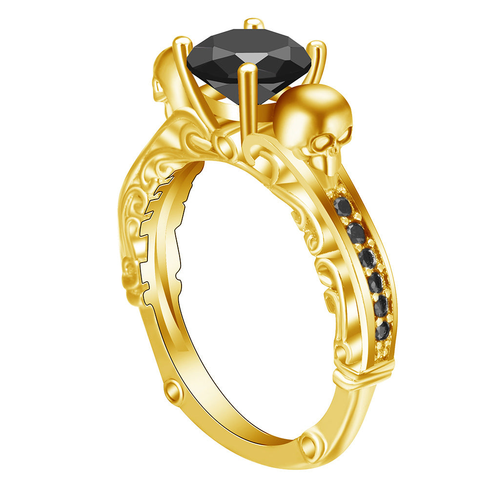 Black Round CZ Skull Filigree Gold-Tone Ring
