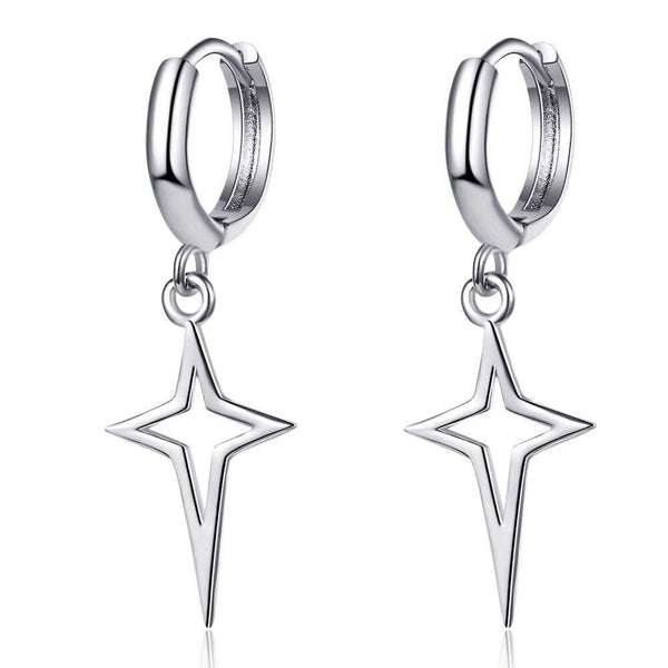 Silver Open Star Cross Huggie Drop Earrings