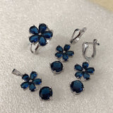 Sapphire-Blue CZ Flower Jewelry Set