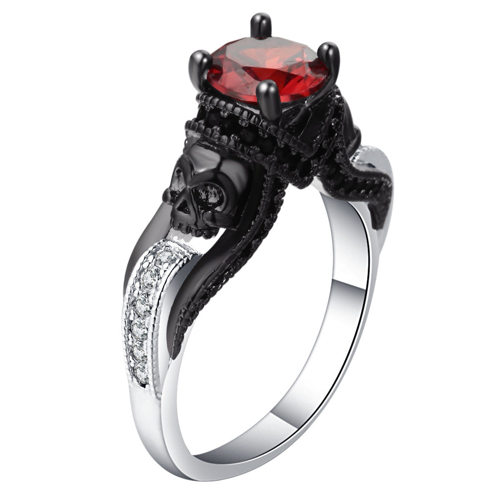 Ruby-Red CZ Black Skull Crown Ring