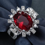 Ruby-Red Oval CZ Sunflower Halo Ring