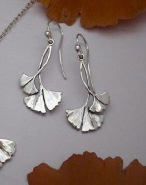 Silver Ginkgo Leaf Drop Earrings
