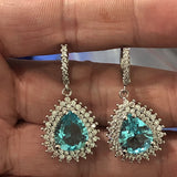 Aqua Pear CZ Halo Pave Drop Earrings