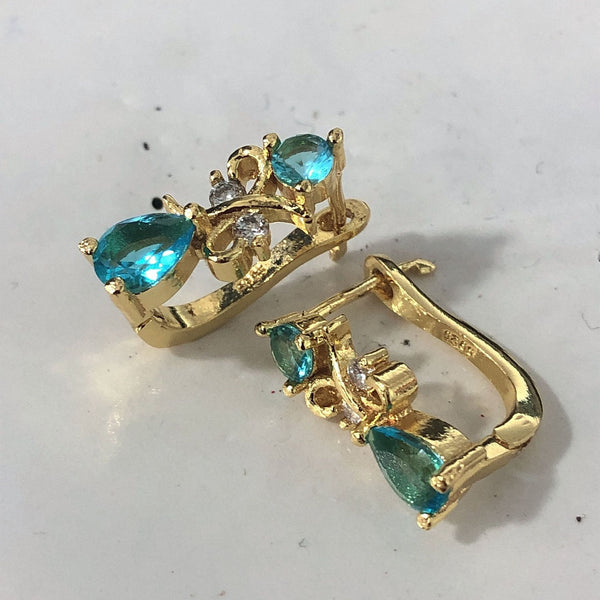 Aqua Pear CZ Gold Vine Lever-Back Earrings