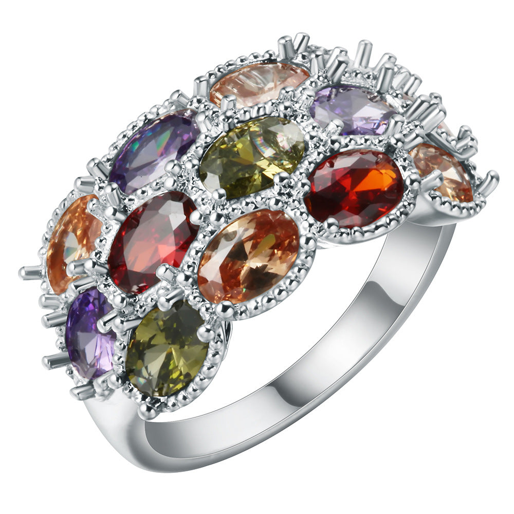 Multicolor Oval CZ Triple-Row Cluster Ring