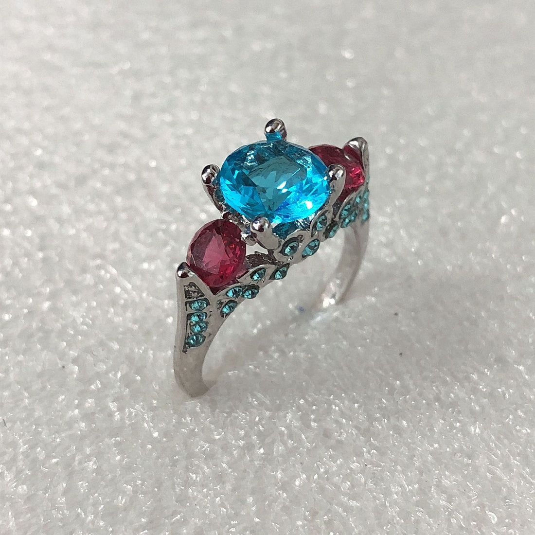 Aqua and Red CZ Three-Stone Ring
