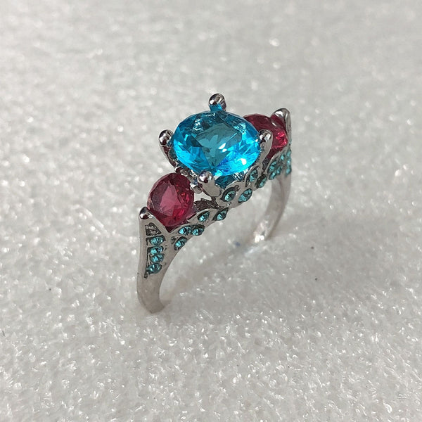Aqua and Red CZ Three-Stone Ring