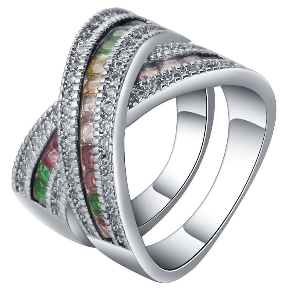Multicolor Baguette CZ Triple Crossover Ring