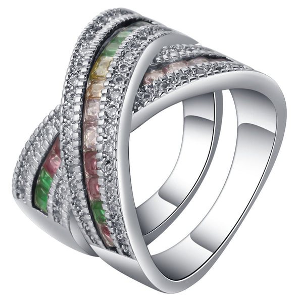 Multicolor Baguette CZ Triple Crossover Ring