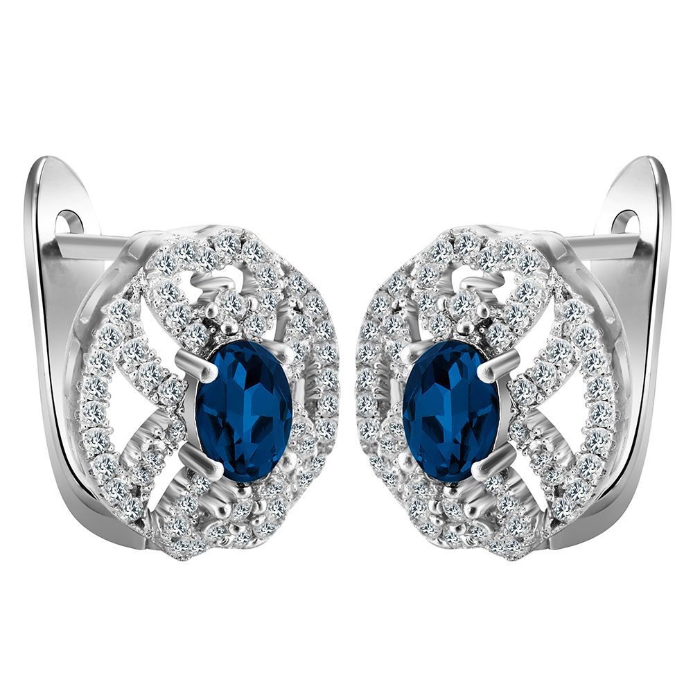 Sapphire-Blue Oval CZ Openwork Lever-Back Earrings