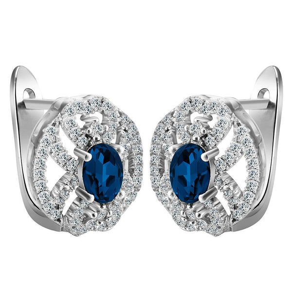 Sapphire-Blue Oval CZ Openwork Lever-Back Earrings