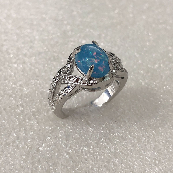Blue Opal-Look Oval Leaf Shoulder Ring