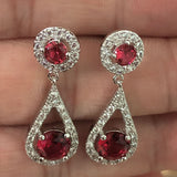 Ruby-Red CZ Halo Teardrop Drop Earrings