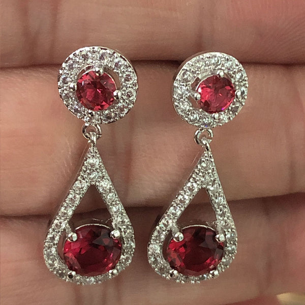 Ruby-Red CZ Halo Teardrop Drop Earrings