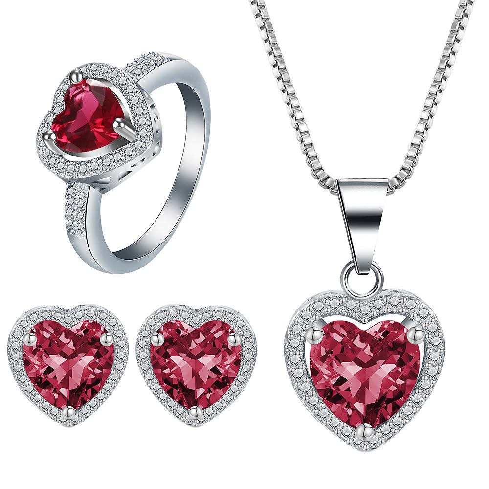 Ruby-Red Heart CZ Halo Jewelry Set