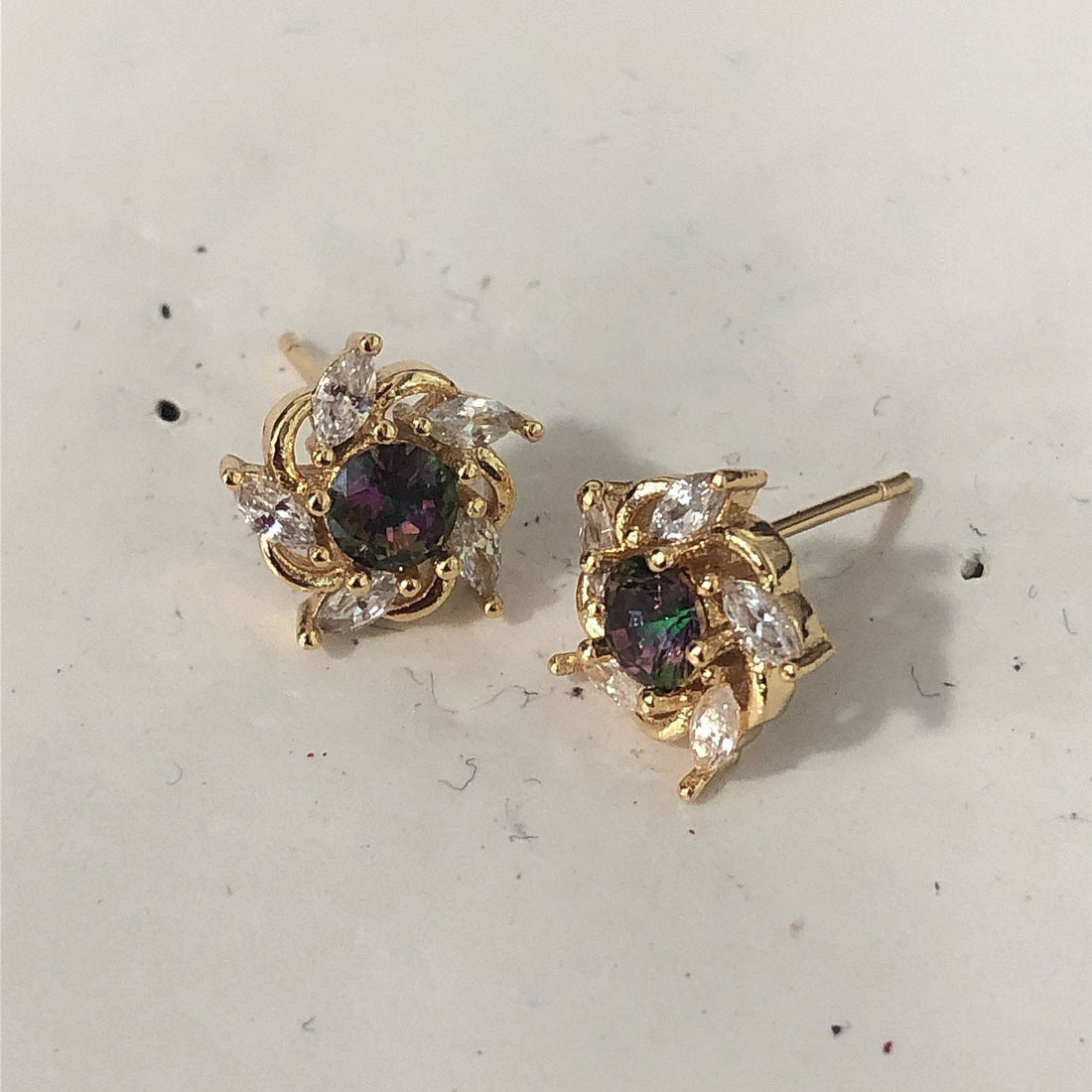 Rainbow Mystic CZ Gold Pinwheel Stud Earrings