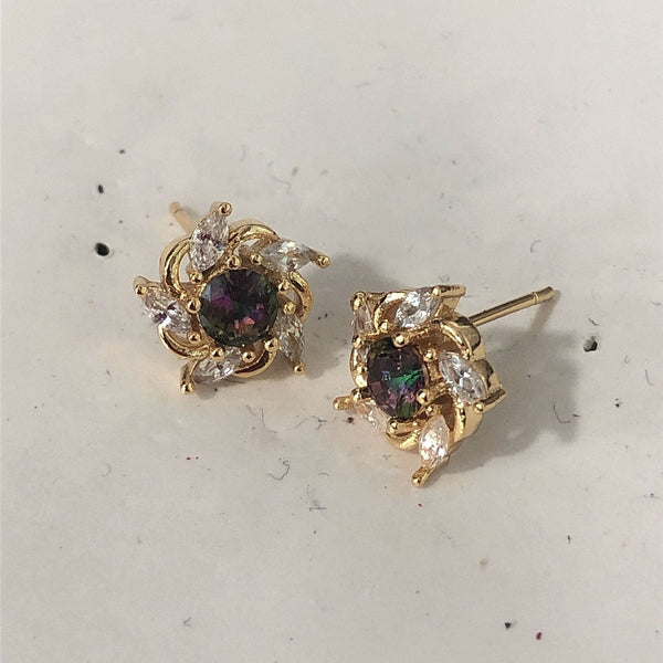 Rainbow Mystic CZ Gold Pinwheel Stud Earrings