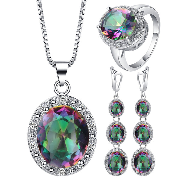 Rainbow Mystic Oval Halo Triple-Drop Jewelry Set