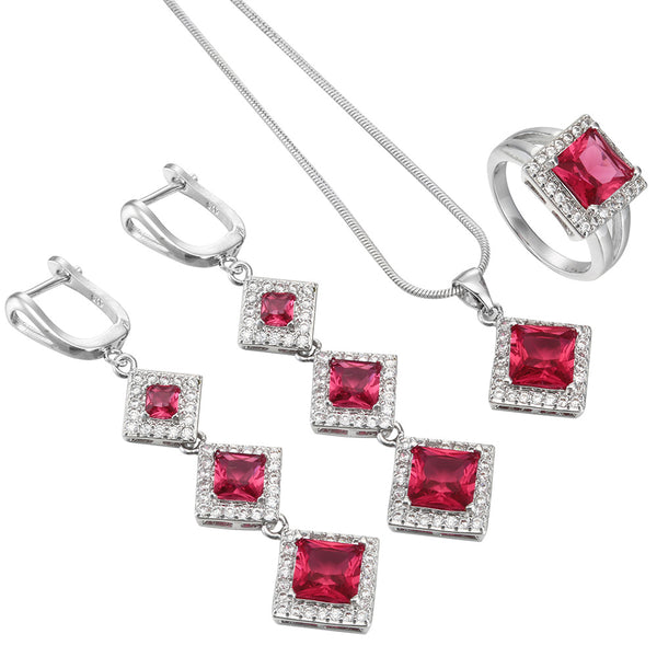 Ruby-Red Square CZ Tiered Drop Jewelry Set
