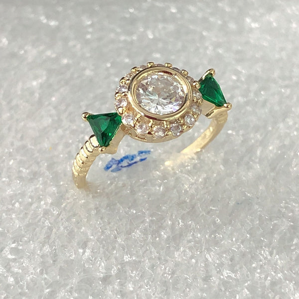 Clear Round CZ Halo Green Trillion Ring