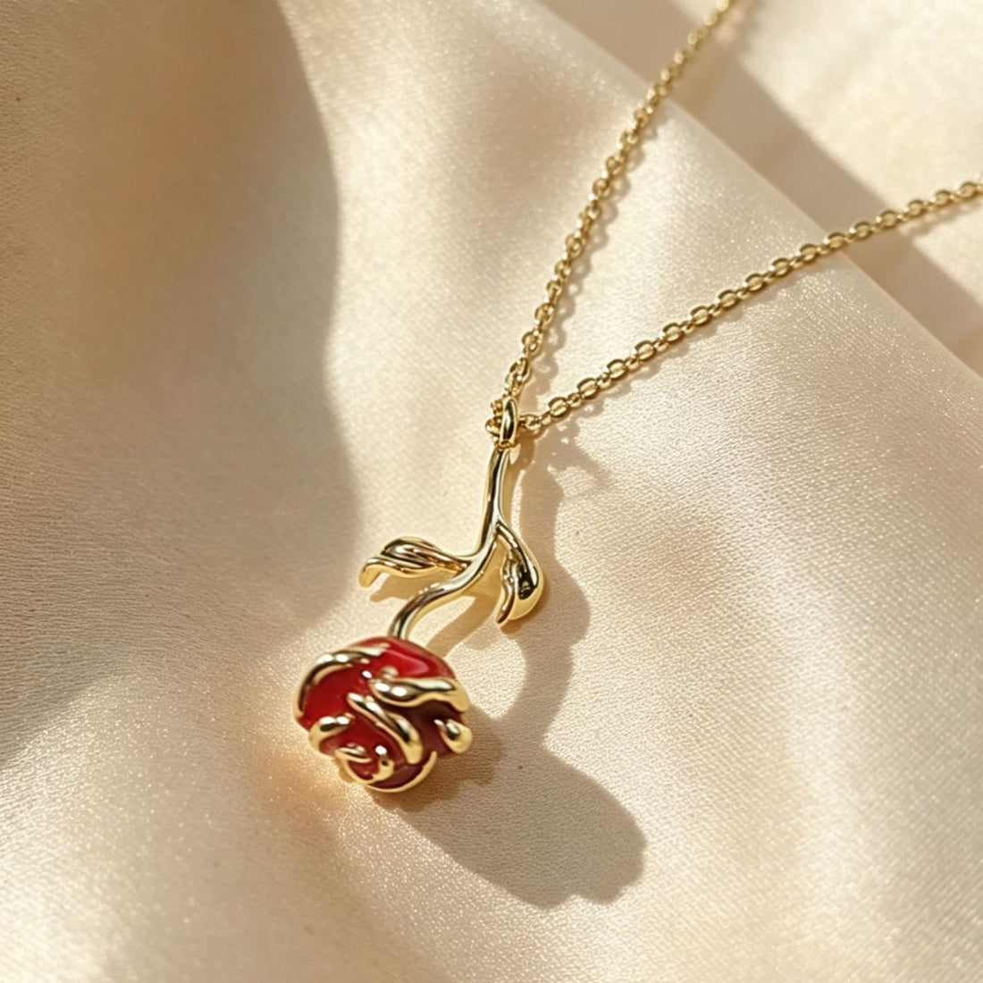 Red Rose Stem Pendant Necklace
