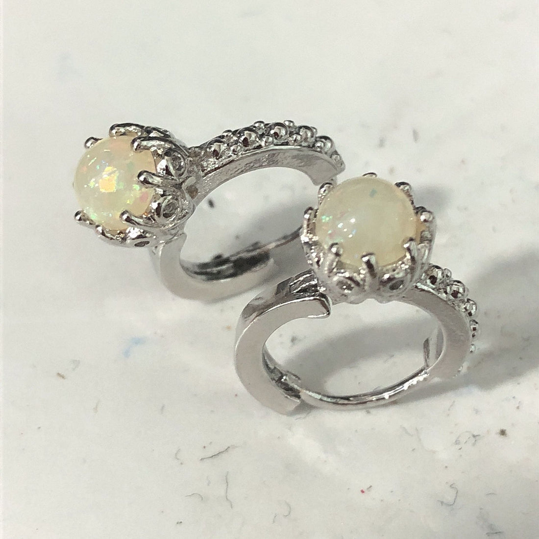 White Opal-Look Round Crown Huggie Earrings