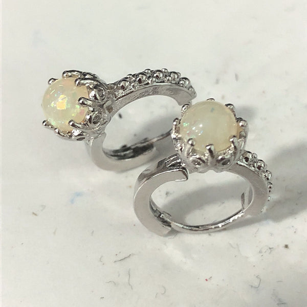 White Opal-Look Round Crown Huggie Earrings