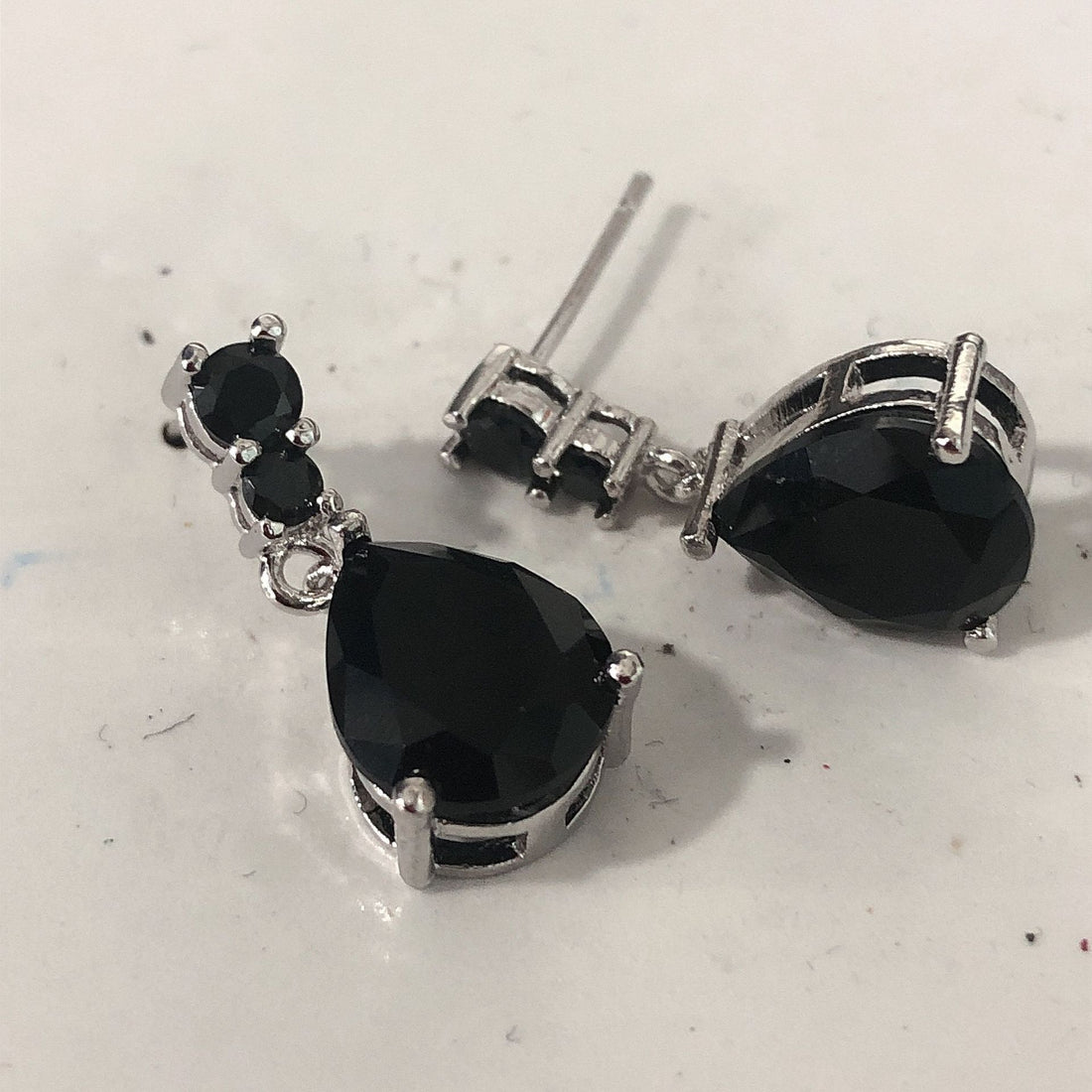 Black Pear CZ Drop Stud Earrings