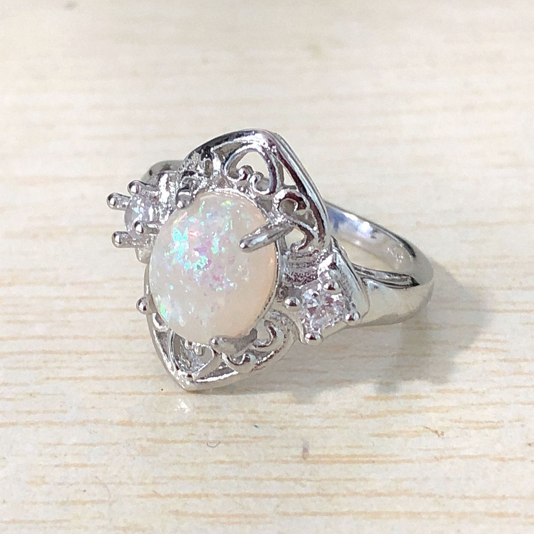 White Opal-Look Oval Filigree Heart Ring