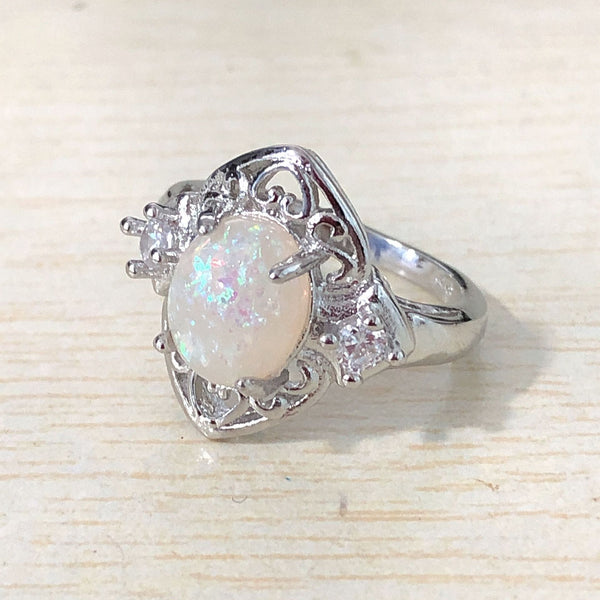 White Opal-Look Oval Filigree Heart Ring