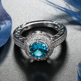 Aqua Round CZ Double Halo Filigree Ring