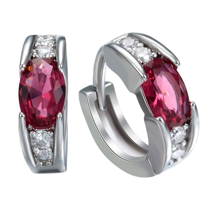 Ruby-Red Oval CZ East-West Huggie Earrings