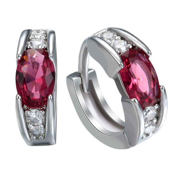 Ruby-Red Oval CZ East-West Huggie Earrings
