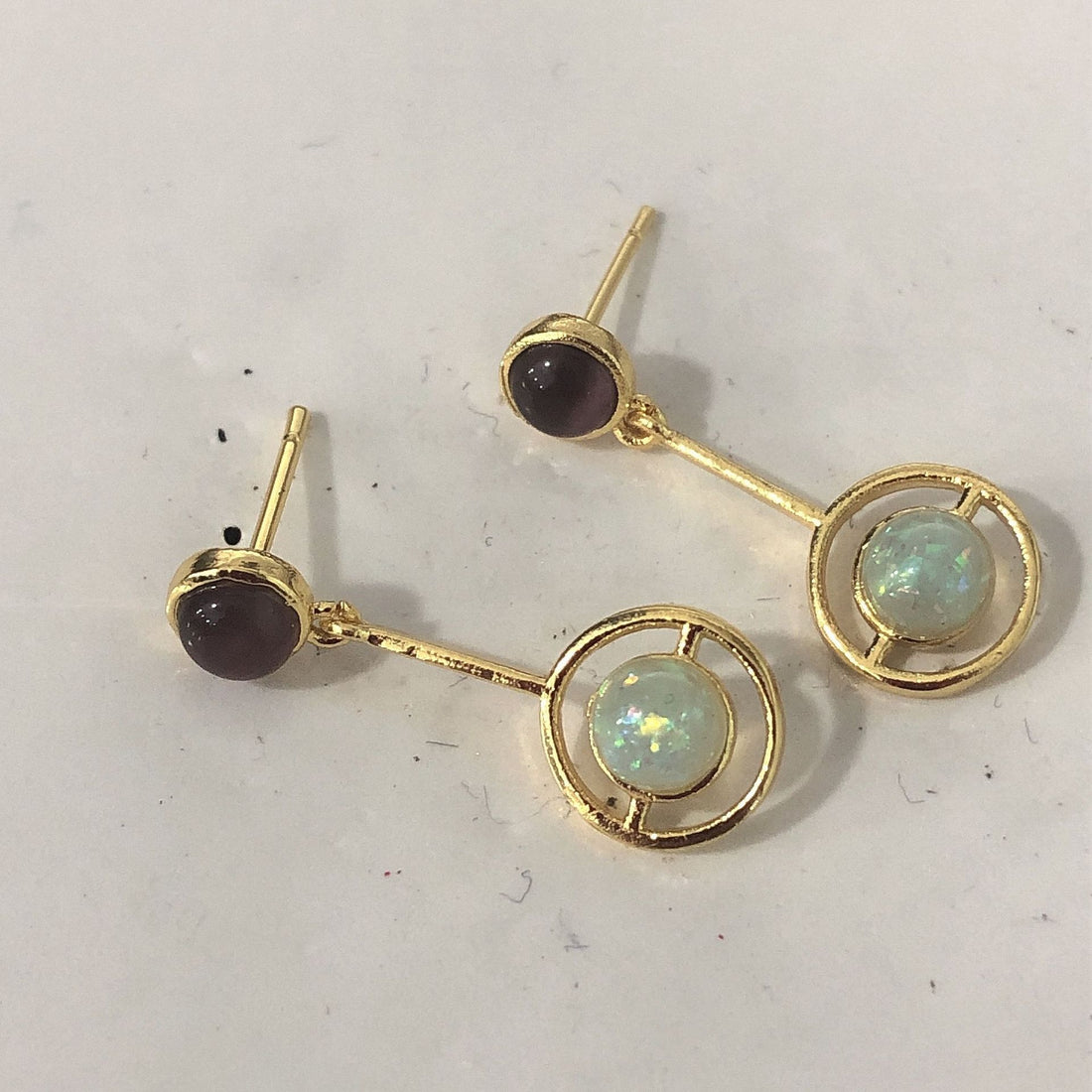 Opal-Look Circle Garnet-Red Drop Stud Earrings