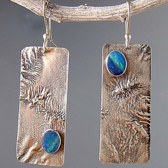 Textured Copper Bar Opal-Look Dangle Earrings