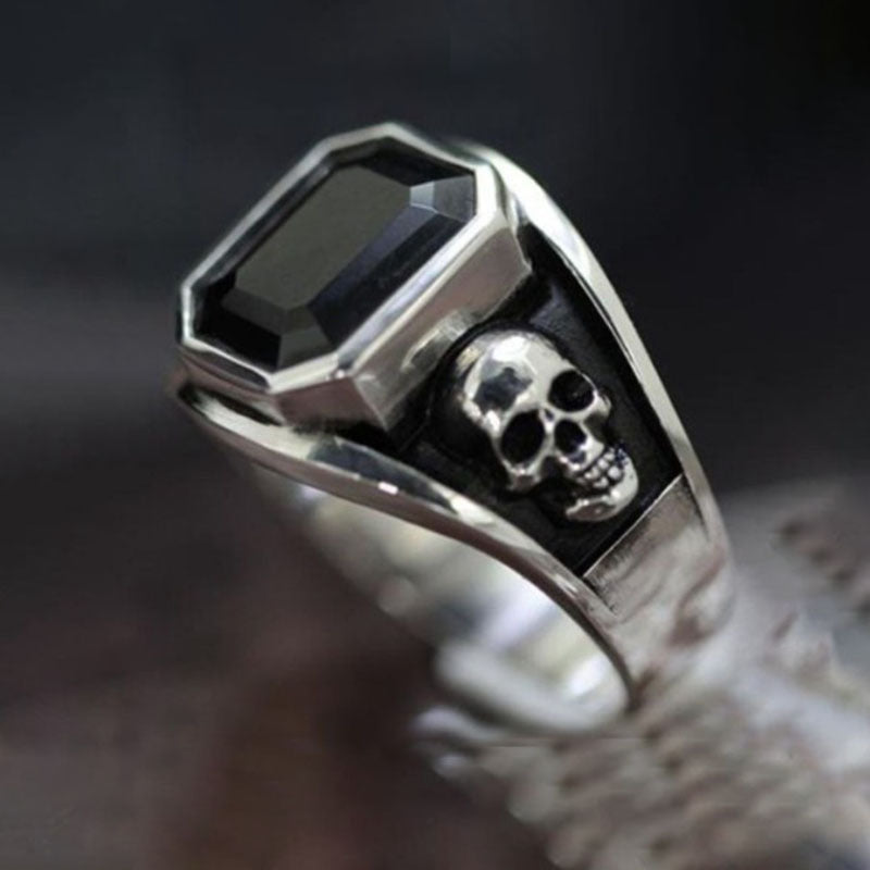 Black Emerald-Cut CZ Skull Signet Ring