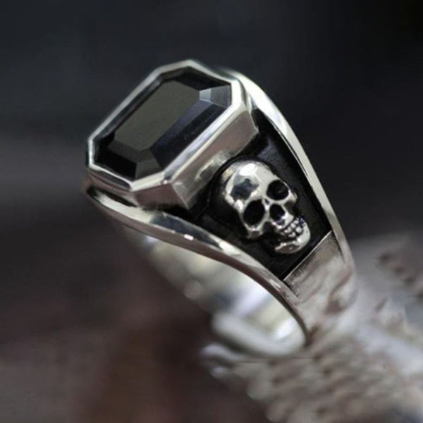 Black Emerald-Cut CZ Skull Signet Ring