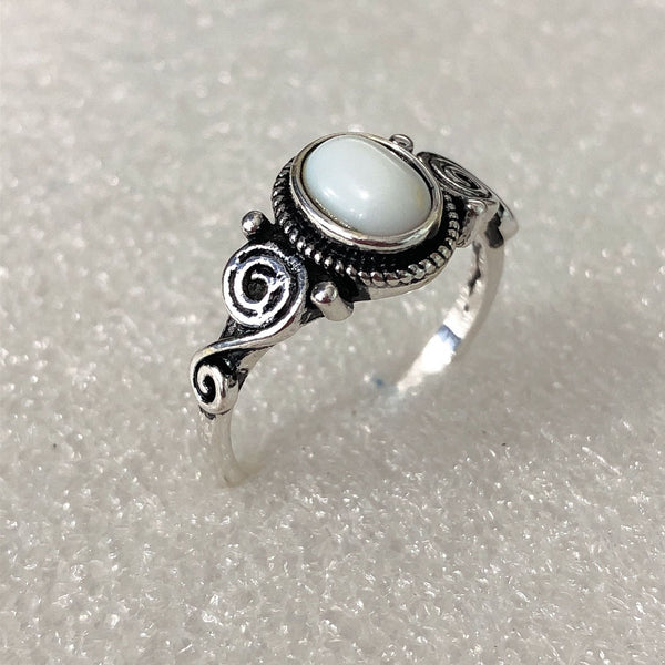 White Opal-Look Oval Spiral Scroll Ring